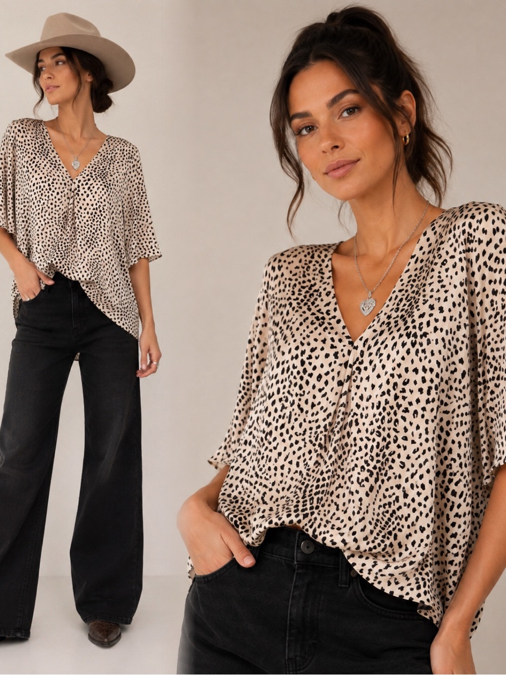 JODIFL Beige Leopard Print V-Neck Blouse